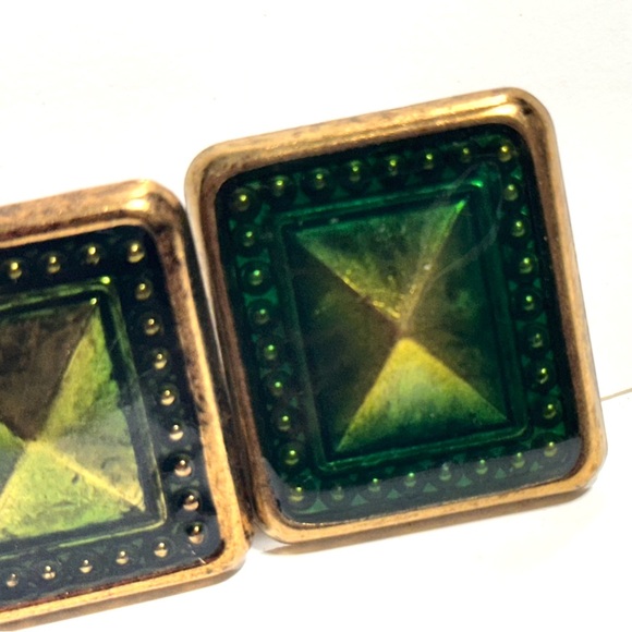 Green & Antiqued Brass Colors Rectangular Earrings Post Backs - Picture 3 of 5